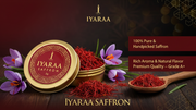 Iyaraa saffron packaging with saffron strands and flowers on a dark background