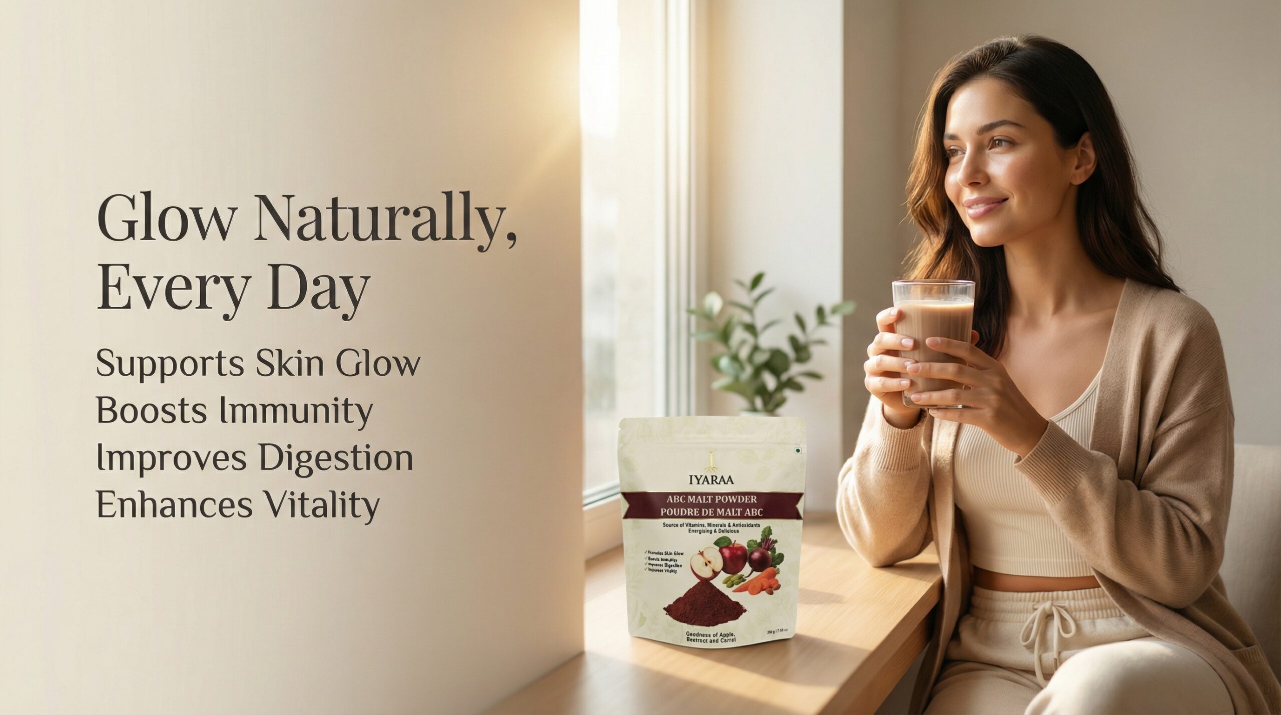 Modern wellness woman enjoying Iyaraa ABC Malt Powder drink for skin glow and daily vitality