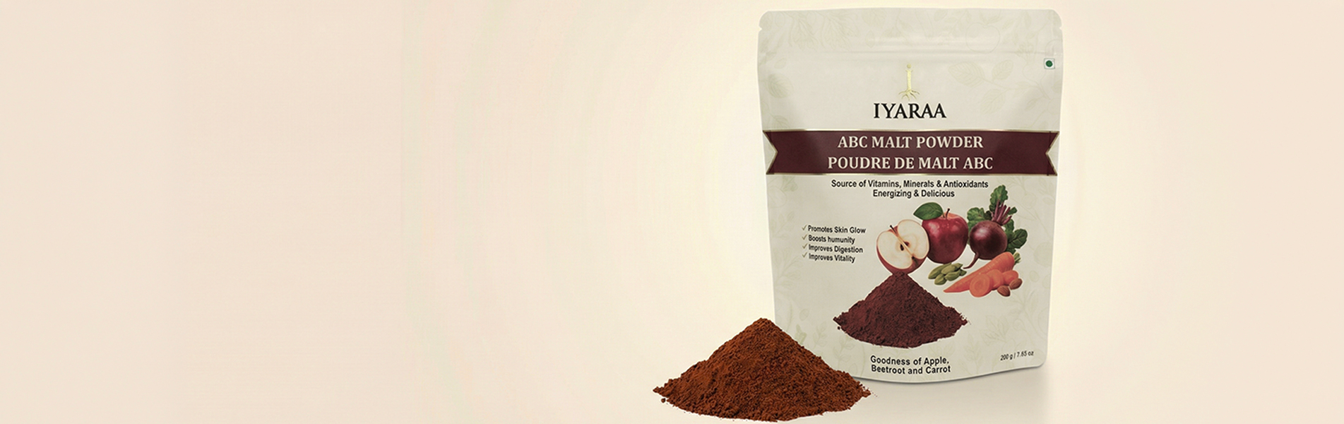 Iyaraa ABC Malt Powder 200g pouch on soft cream background – premium malt drink mix