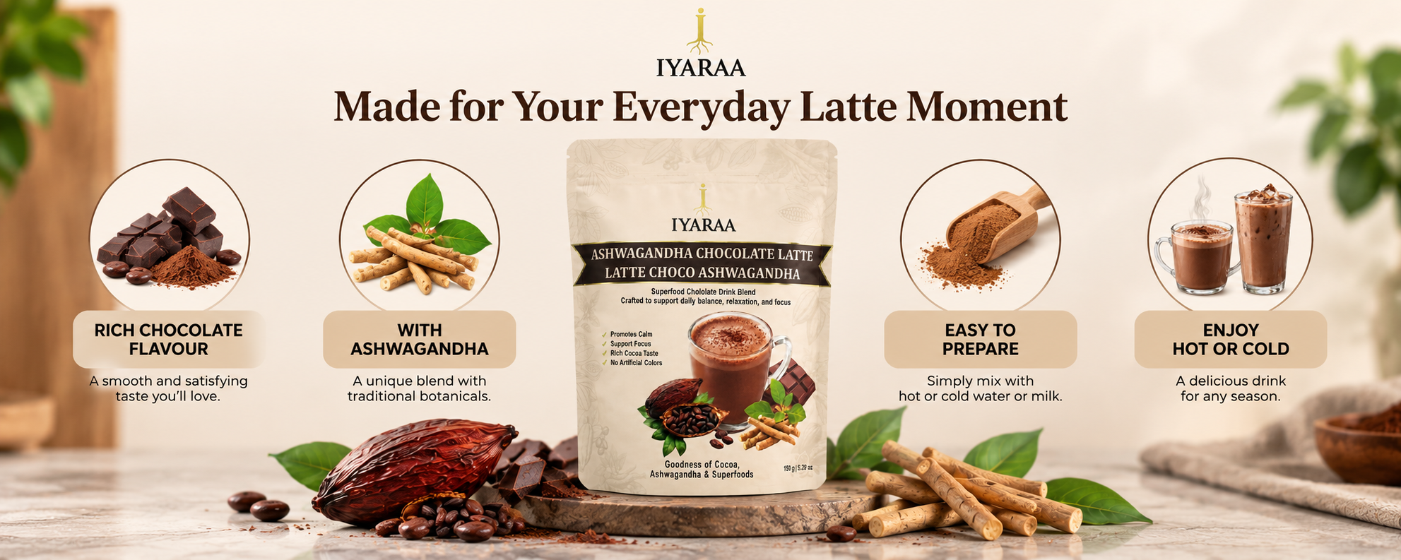 Iyaraa Ashwagandha Chocolate Latte product features and benefits