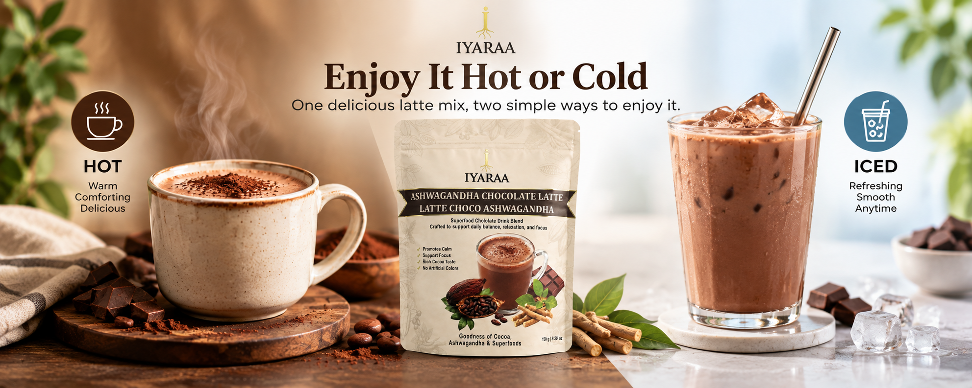 Iyaraa Ashwagandha Chocolate Latte served hot and iced