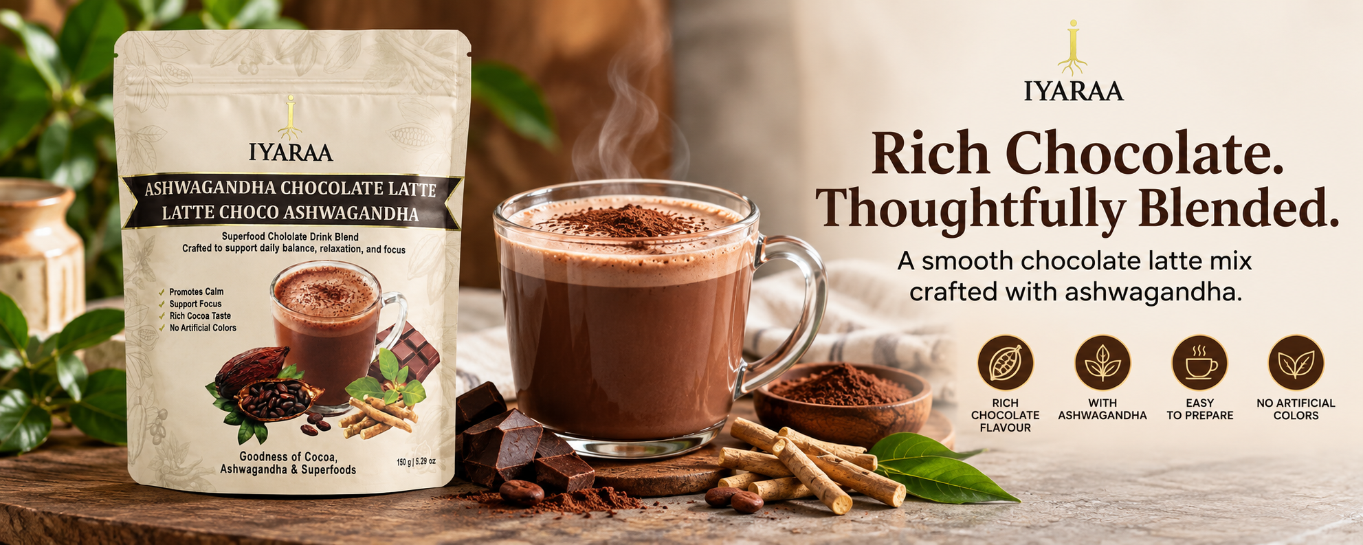 Iyaraa Ashwagandha Chocolate Latte with rich chocolate flavour